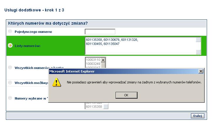 Komunikat o bdnie wprowadzonych numerach