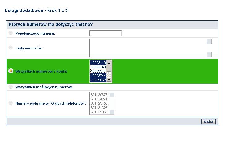 Wybr wszystkich numerw z konta